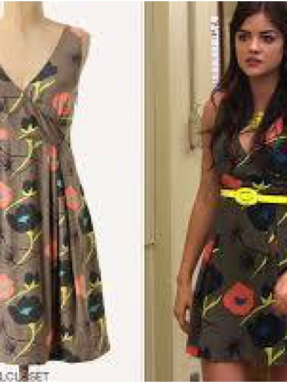 Anthropologie Olive Floral V-Neck A-Line Dress with Coral & Navy Accents